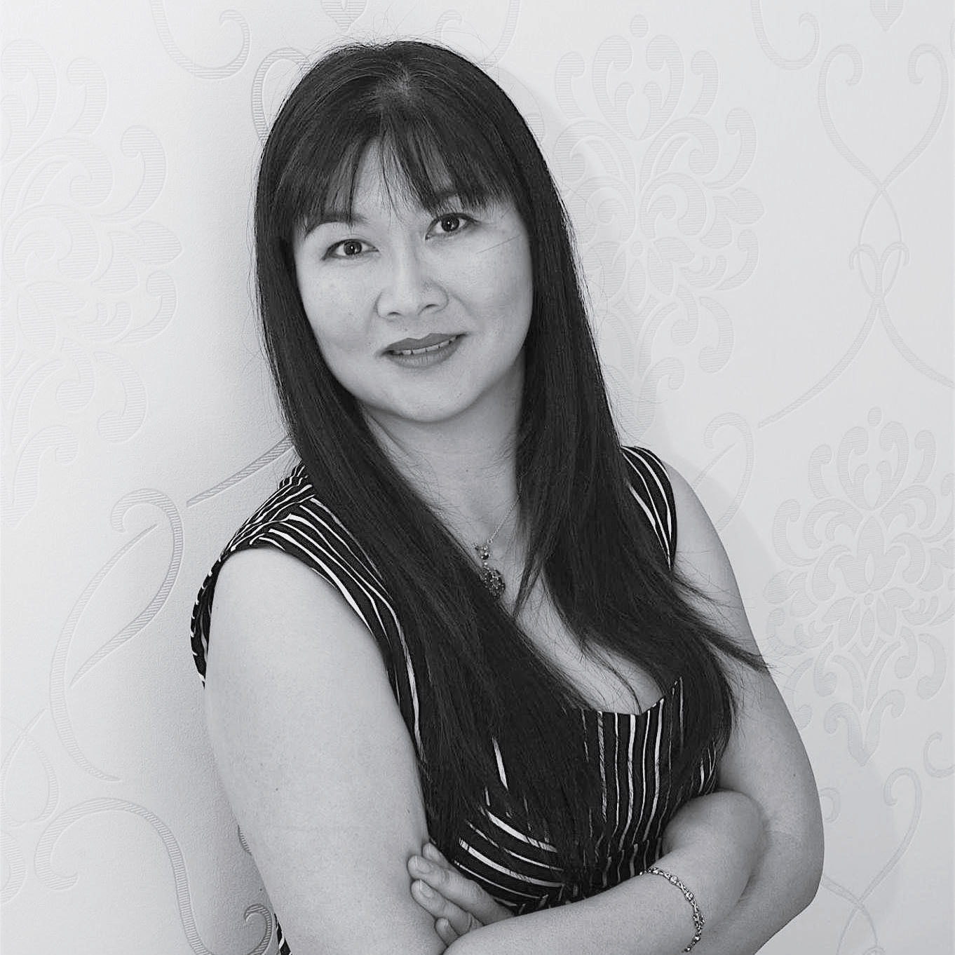 Black and white square portrait of Carolyn Choy